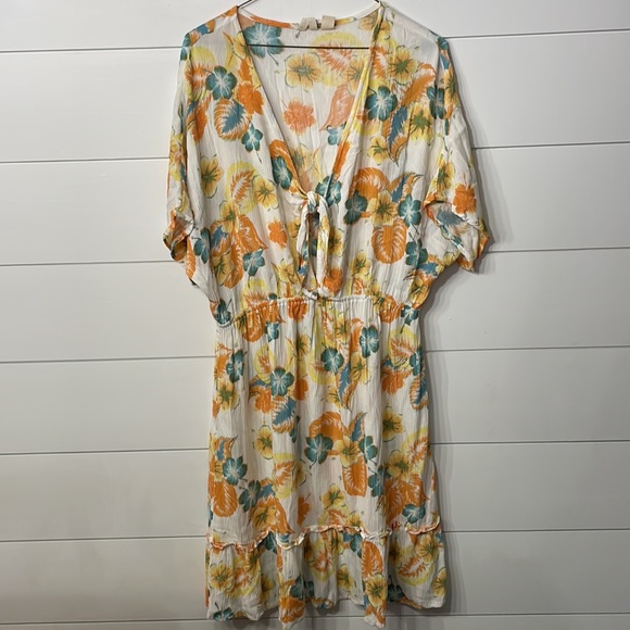 Roxy Tropical Floral Teal Orange Yellow Beach Sundress Mini Dress - Picture 7 of 8
